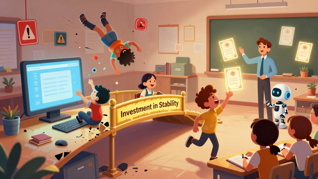 Сравнение: слева — рушащаяся онлайн-школа, справа — процветающая, соединённые мостом стабильности и поддержки.