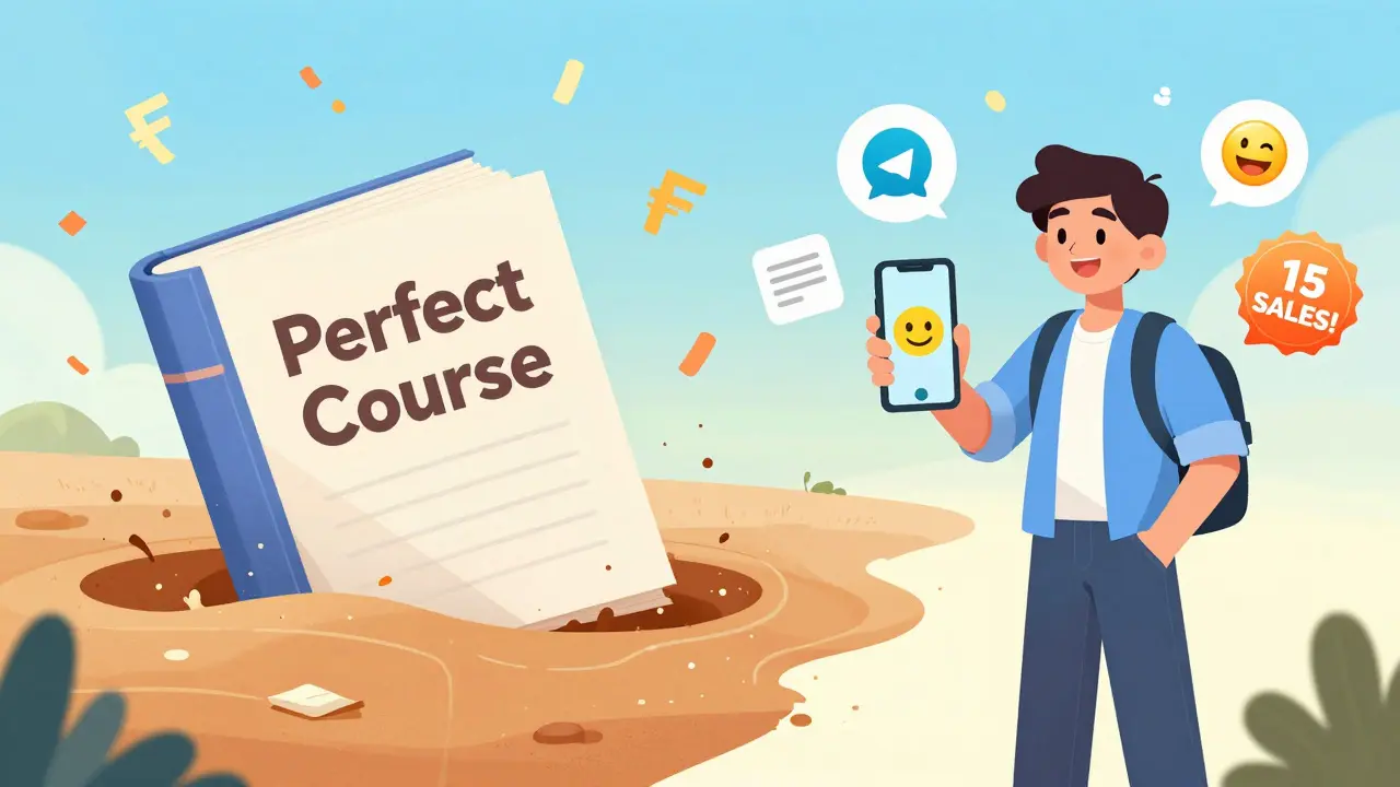 Студент радостно использует простой Telegram-курс, в то время как громоздкий курс тонет в песке.