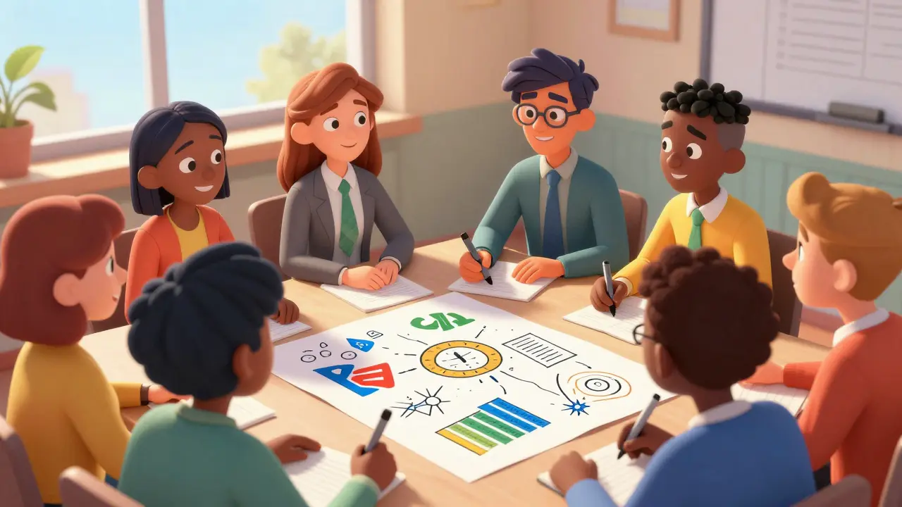 Студенты обсуждают бизнес-кейс с абстрактными символами за столом.