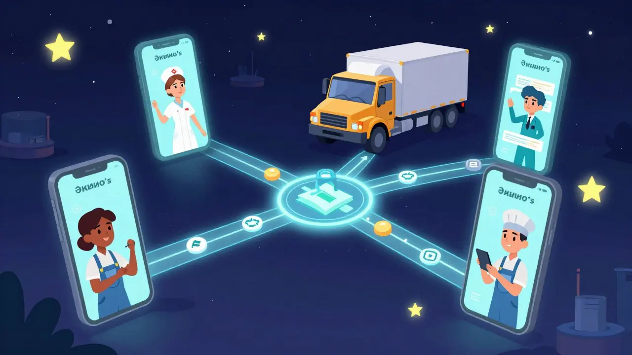 Студенты разных профессий обучаются на мобильных устройствах с адаптивным контентом в стиле офлайн-режима.