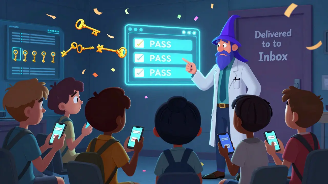 Студенты смотрят на спам, пока техник включает защиту, и письма попадают в почтовый ящик.