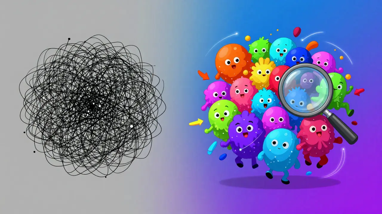 Сырые данные превращаются в цветные кластеры, как живые существа, объединяющиеся в понятные группы.