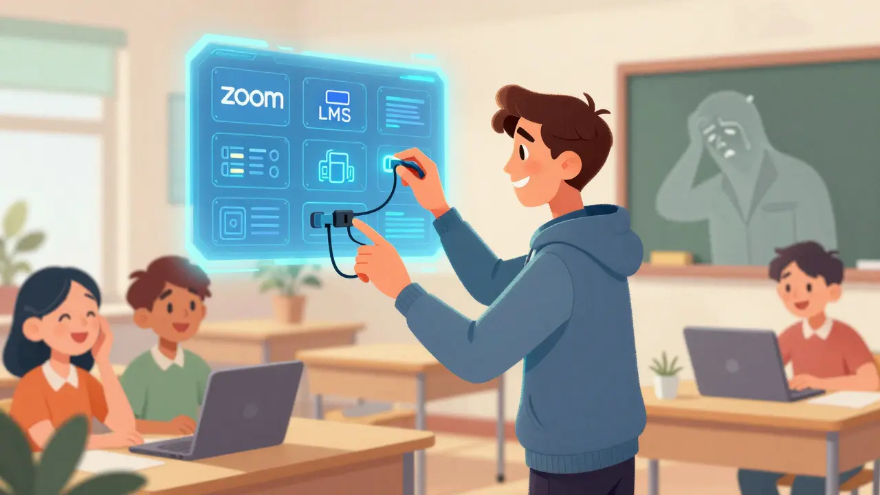 Технический администратор спокойно настраивает цифровую панель, студенты успешно проходят курсы, а хаос вокруг исчезает.