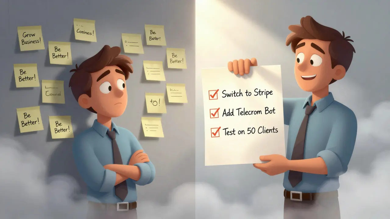 Темный офис с бесполезными советами слева и ясный план действий справа — как путь из тумана к решению.