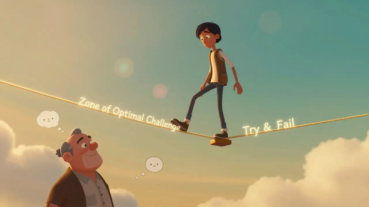 Человек балансирует на верёвке между 70% и попыткой, ошибки превращаются в ступеньки.