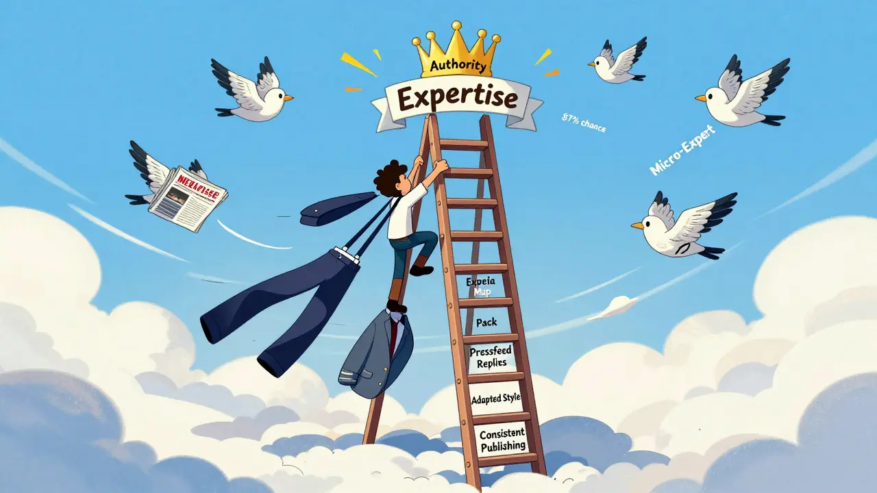 Человек лезет по лестнице к короне 'Авторитет', каждая ступенька — шаг к публикации в СМИ.