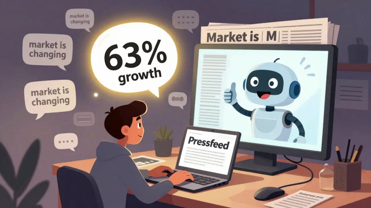 Человек печатает на ноутбуке, один комментарий с цифрой превращается в заголовок, рядом — дружелюбный робот.