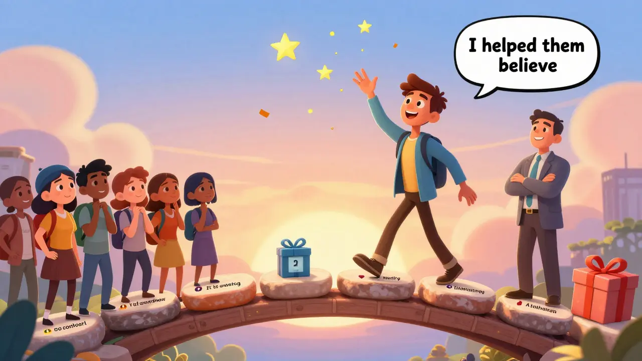 Человек переходит по мосту из отзывов и бонусов к покупке, а создатель смотрит с гордостью, вокруг — сияние успеха.