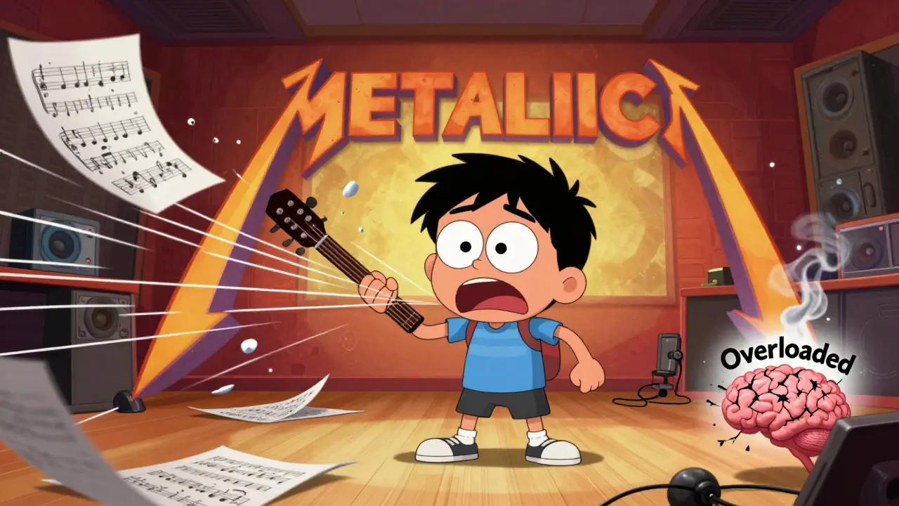 Человек подавленный гитарными струнами и логотипом Metallica, мозг дымится от перегрузки.