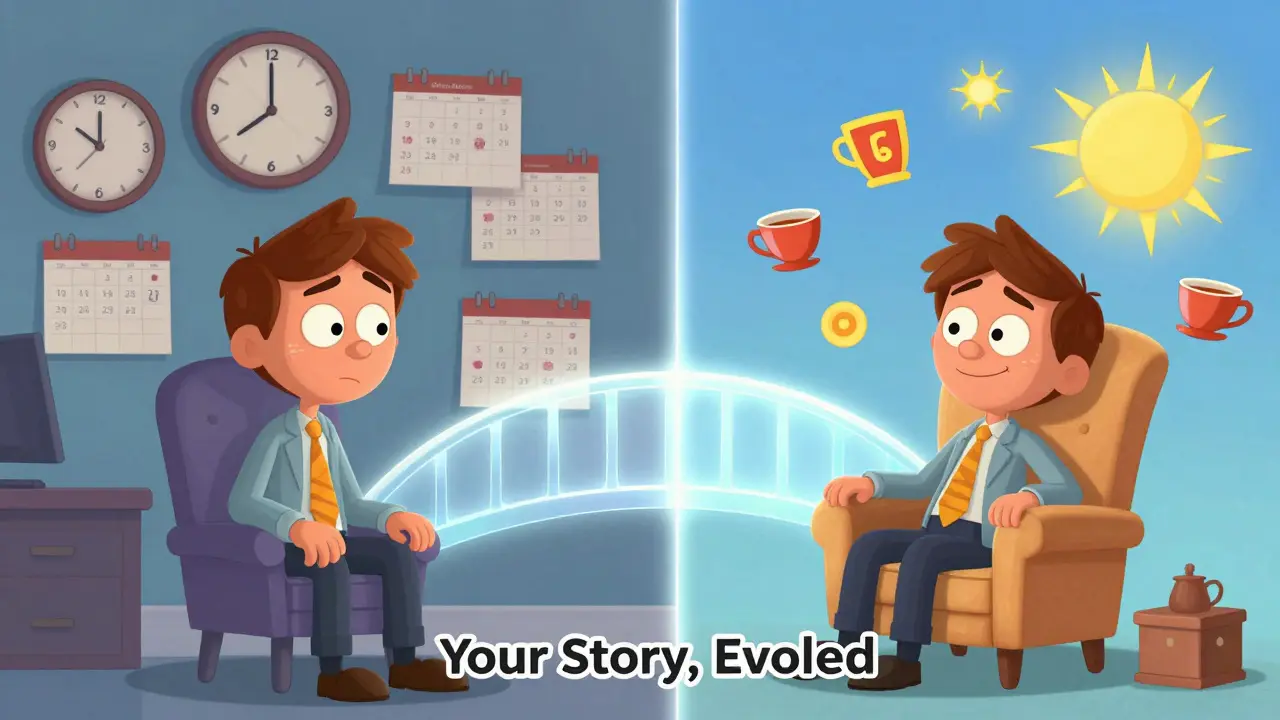 Два мира: перегруженный профессионал и тот же человек в состоянии восстановления, соединённые световым мостом.