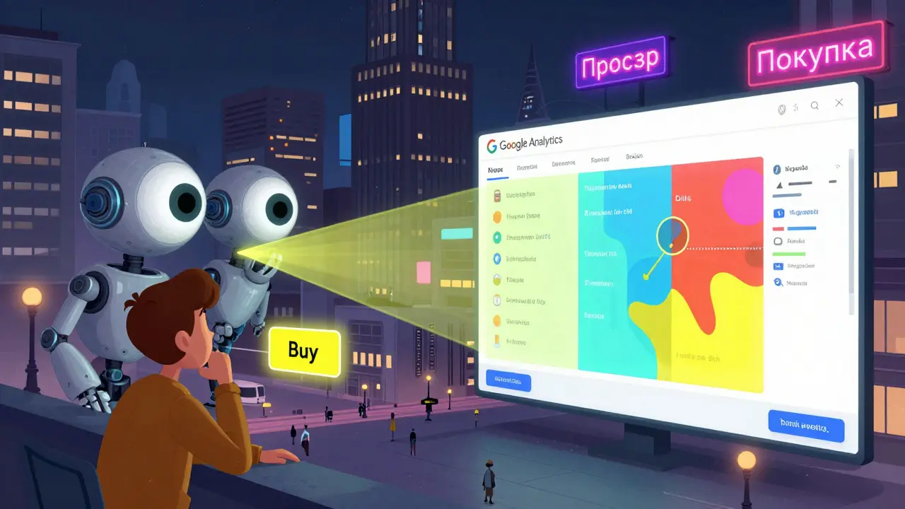 Два роботизированных глаза — Google Analytics и Яндекс.Метрика — отслеживают клики и поведение пользователей в российском городе.