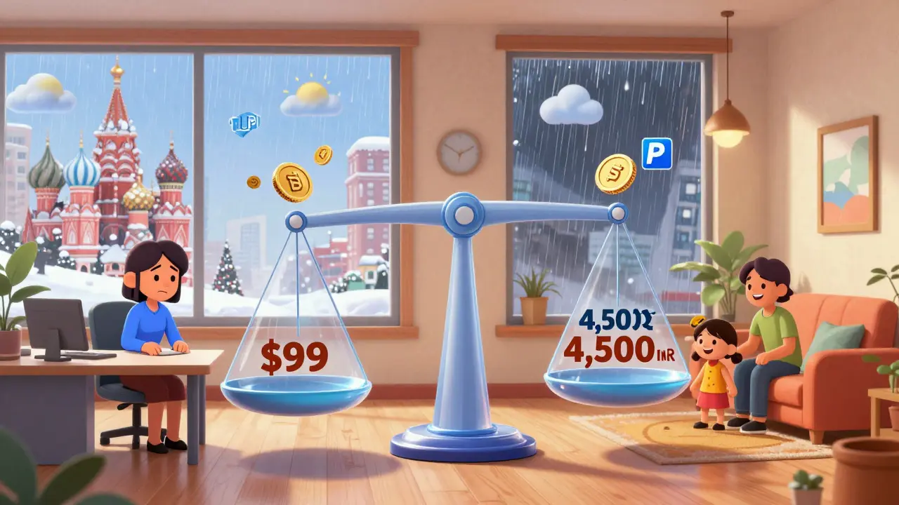 Два сценария покупки цифрового продукта: дорогой в США и доступный в Индии, с элементами платежей и налогов.