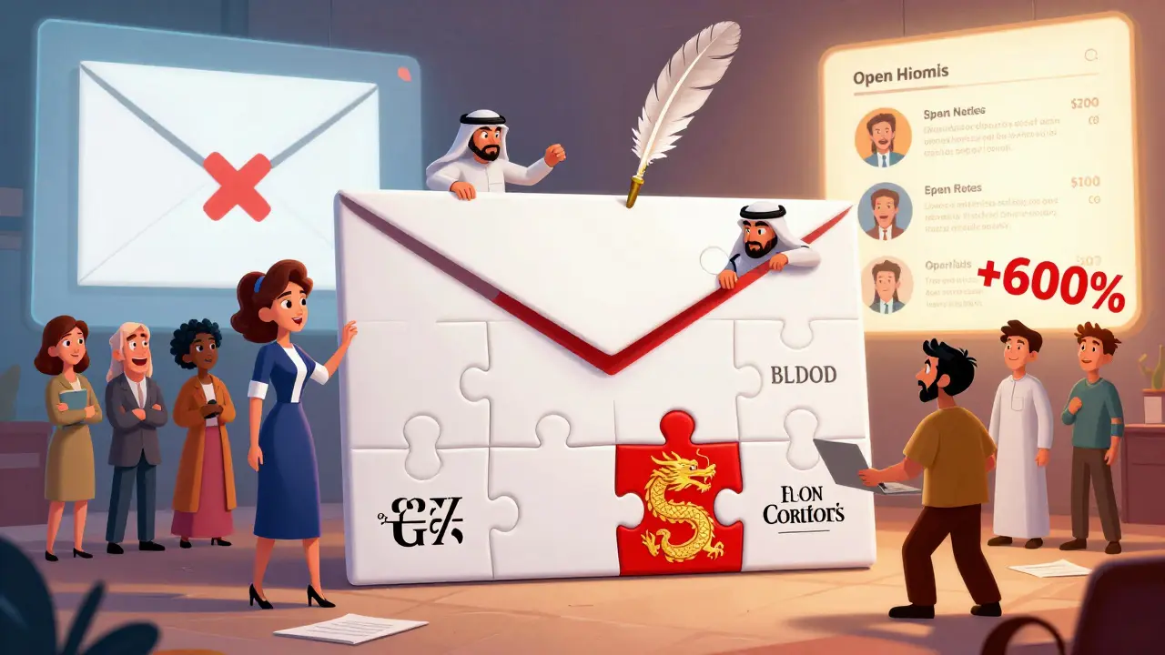 Команда специалистов по всему миру перестраивает email-шаблон, меняя цвета, текст и направление для разных культур.