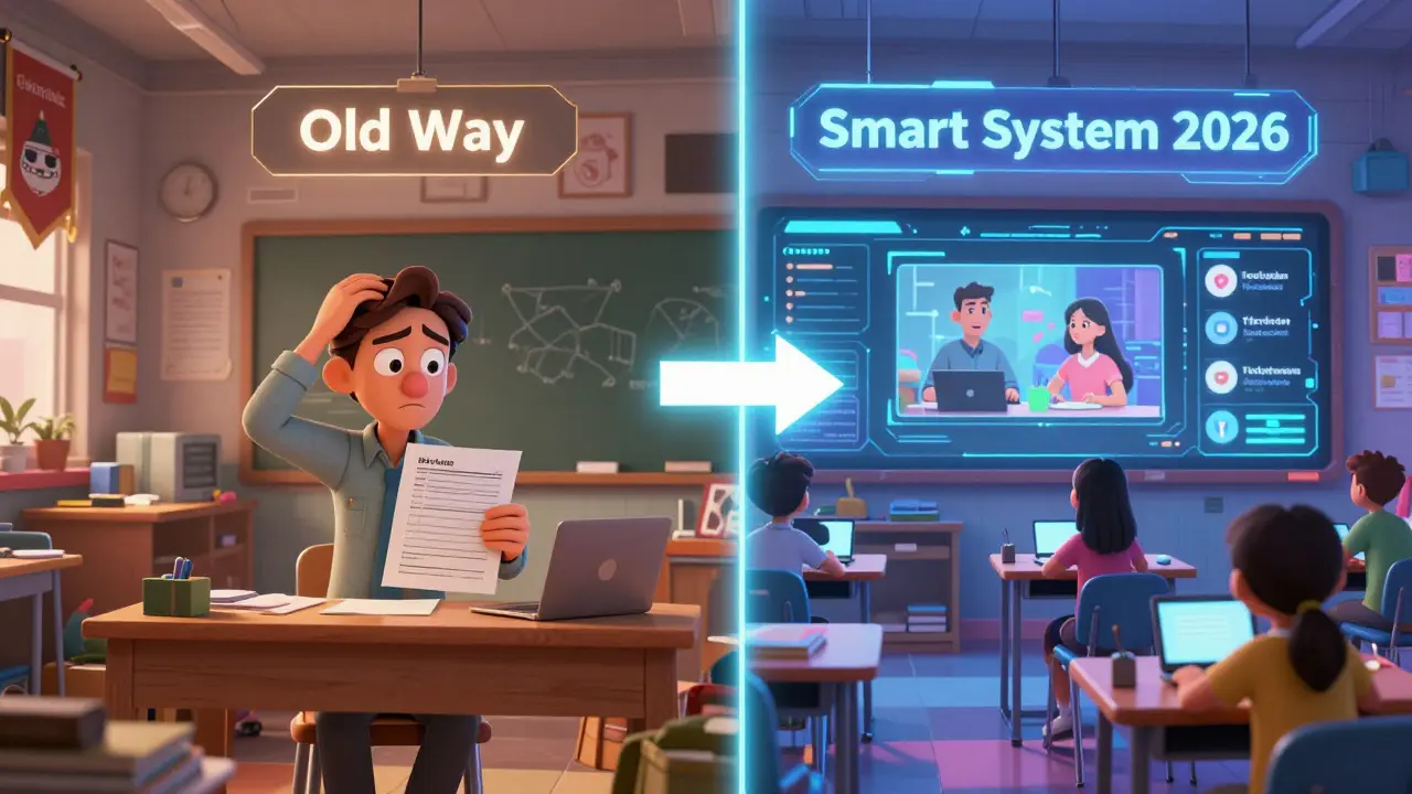 Контраст между устаревшим и современным маркетингом онлайн-школы в мультяшном стиле DreamWorks.