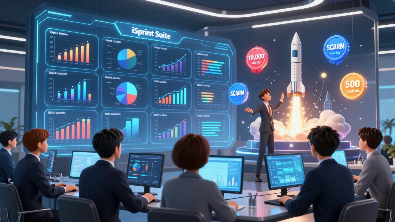 Корпоративная команда анализирует аналитику курсов на iSpring Suite с интерактивными симуляциями.