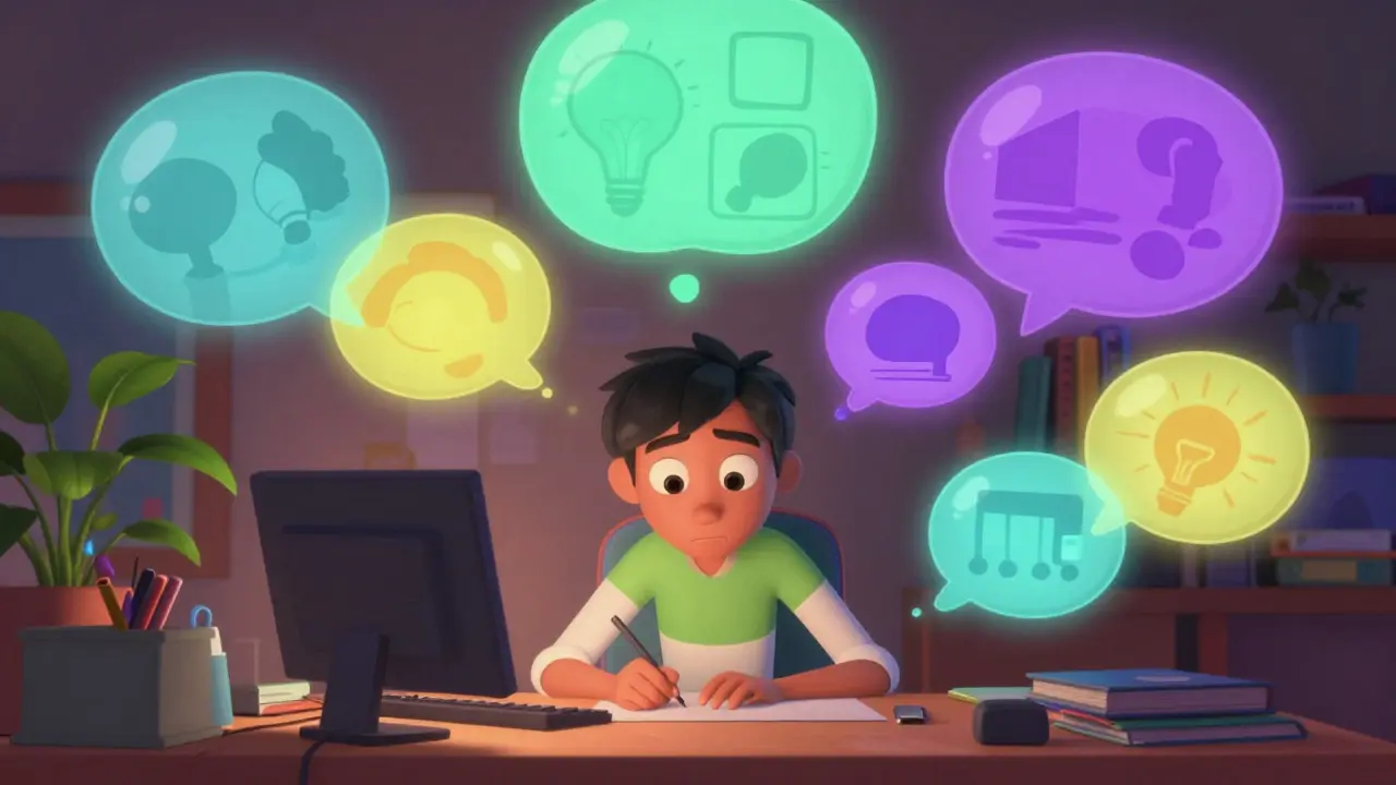 Персонаж генерирует идеи в виде светящихся пузырей