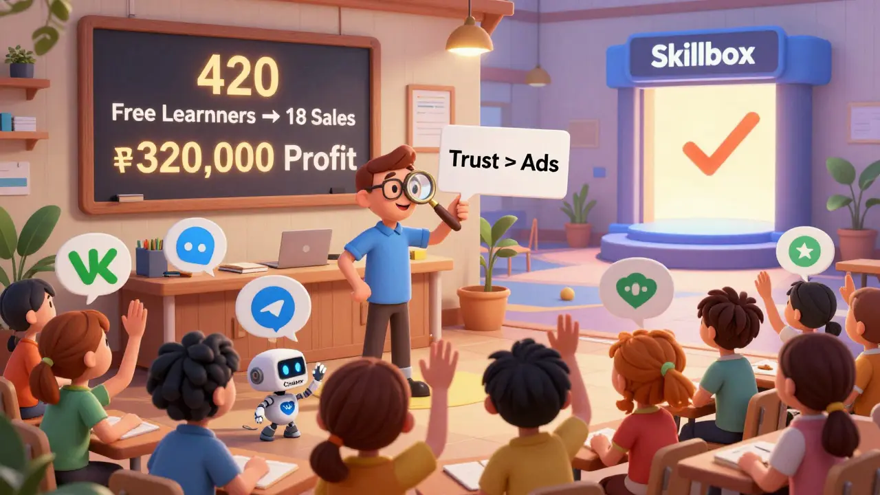 Преподаватель раздает бесплатные уроки, студенты в чатах, счетчик роста и куратор помогают продвигать курс.