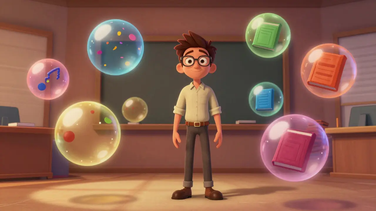 Преподаватель вокруг плавающих пузырей контента и уроков