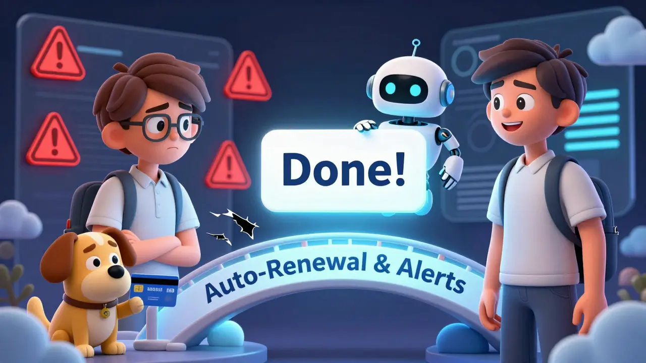 Разделённая сцена: слева — сломанный платёж, справа — автоматическое продление с улыбающимся студентом и роботом.