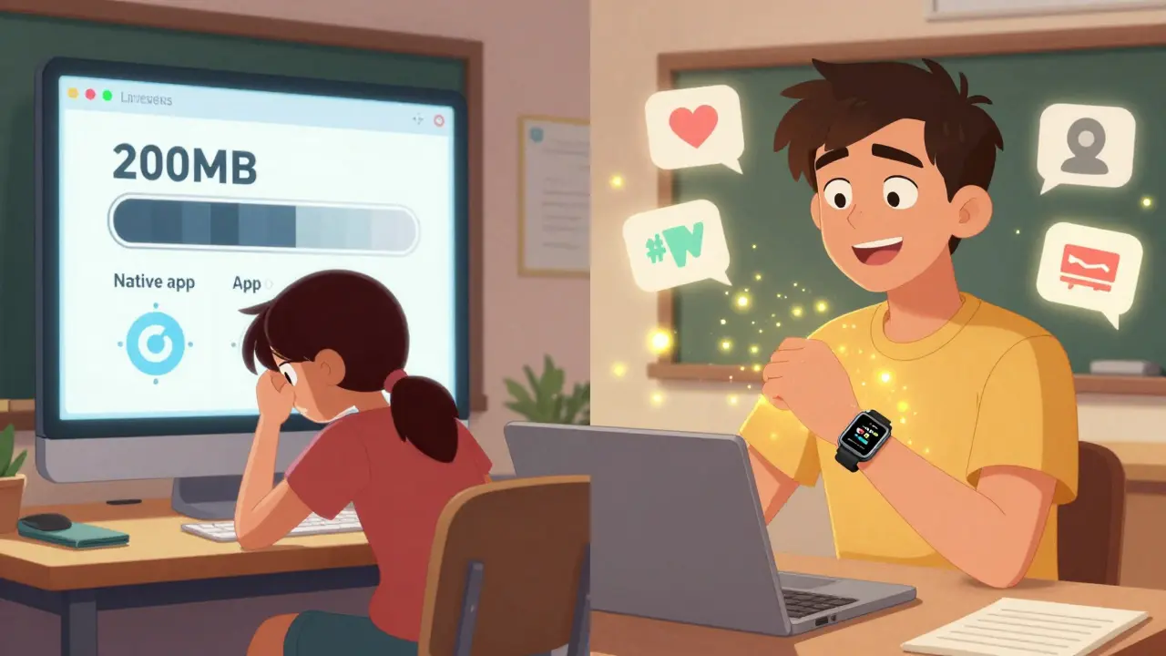 Сравнение: слева — трудная установка нативного приложения, справа — мгновенный доступ к уроку через PWA.