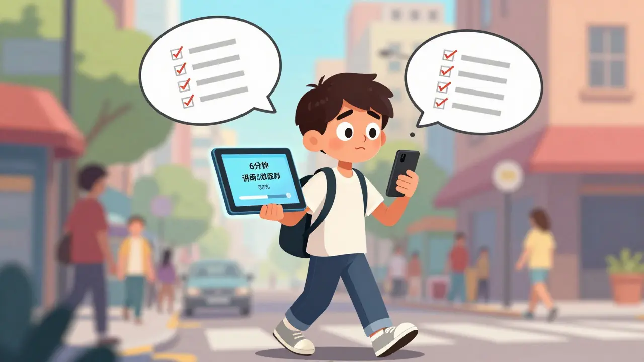 Студент идёт по улице, смотрит на планшет с коротким уроком, над головой — проверенный чек-лист.