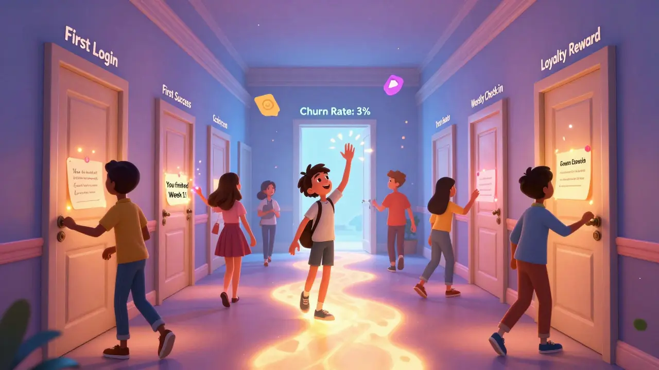 Студенты идут по волшебному коридору с дверями этапов обучения, за каждой — момент успеха и светящийся путь к низкому оттоку.