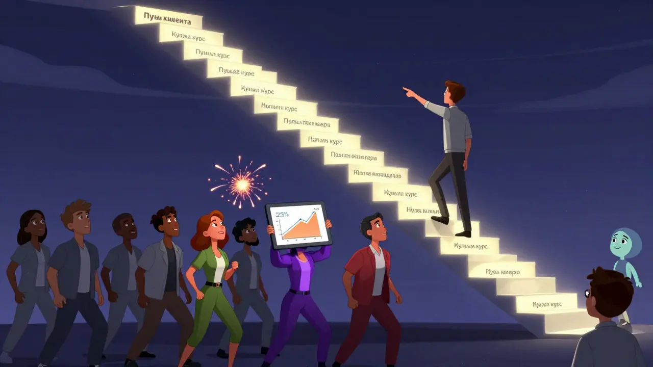 Светящаяся лестница 'Путь клиента' поднимается в небо, а зрители меняются от серых к цветным одеждах под влиянием вебинара.