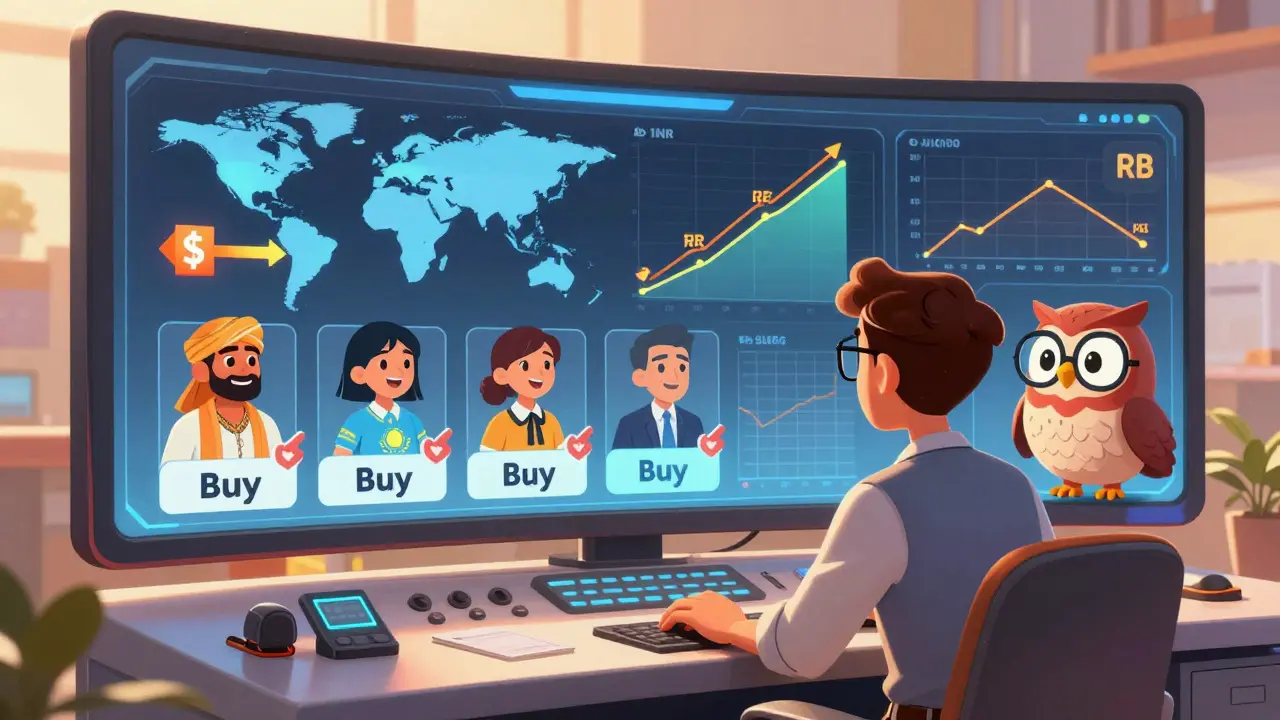 Технический панель с данными по валютам и счастливыми покупателями из разных стран, иллюстрирующая геопрайсинг.