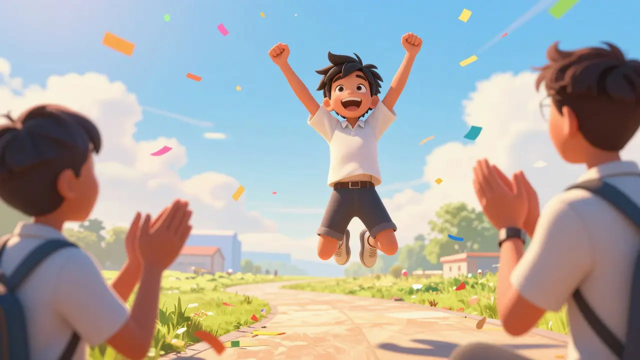 Ученик празднует победу после окончания учебной программы