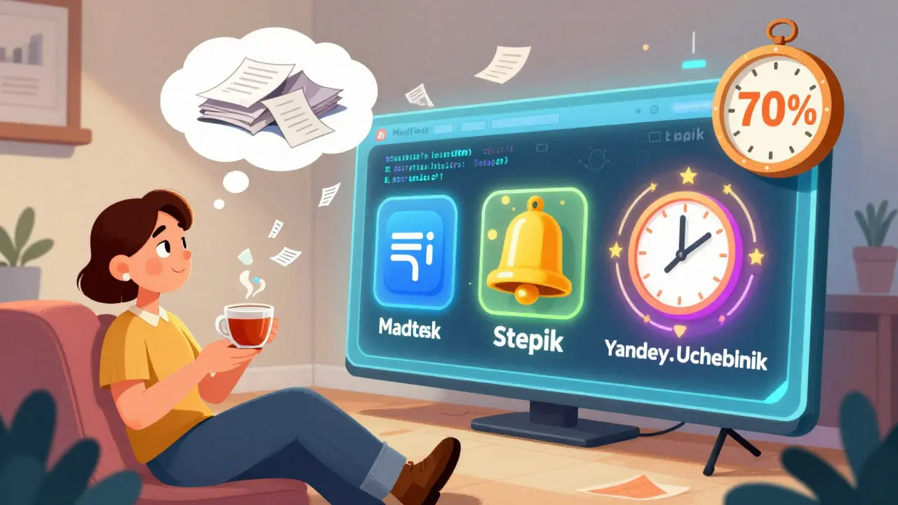 Учитель отдыхает, а цифровые платформы тестирования волшебно отображаются в воздухе с графиками экономии времени.