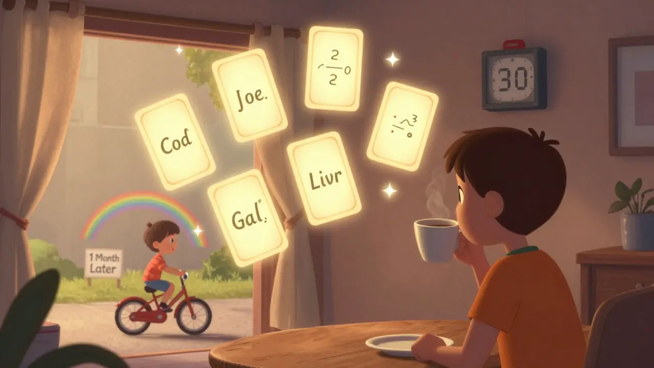 Утро с кофе и пятью светящимися карточками, напоминающими о системе повторений.