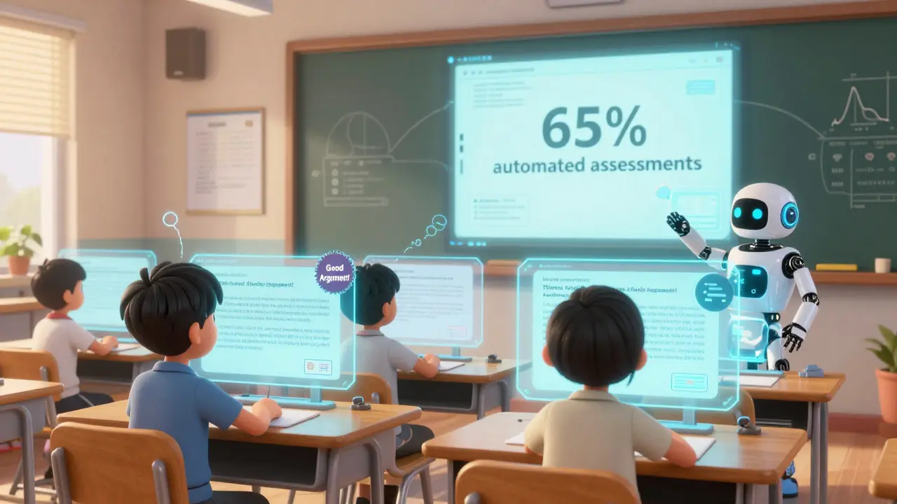 В будущем классе ИИ-помощник анализирует эссе учеников, а на экране — статистика автоматизированной проверки.