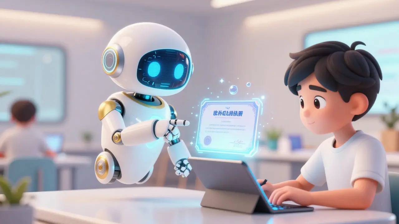 AI-помощник показывает ученику голографический блокчейн-сертификат