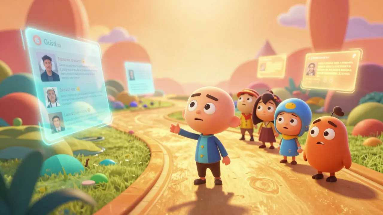 Дружелюбный гид ведет клиентов по пути доверия и кейсов в стиле DreamWorks.