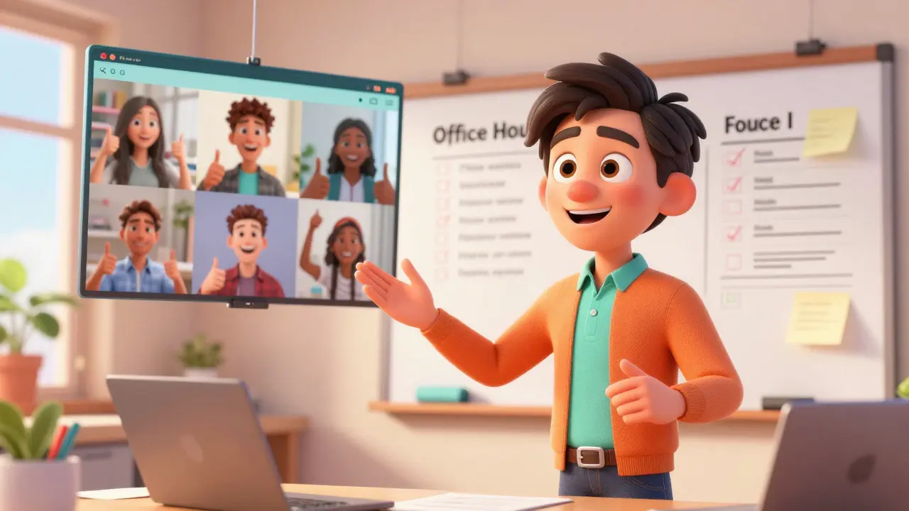 Дружелюбный ментор проводит живую онлайн-сессию с улыбающимися учениками