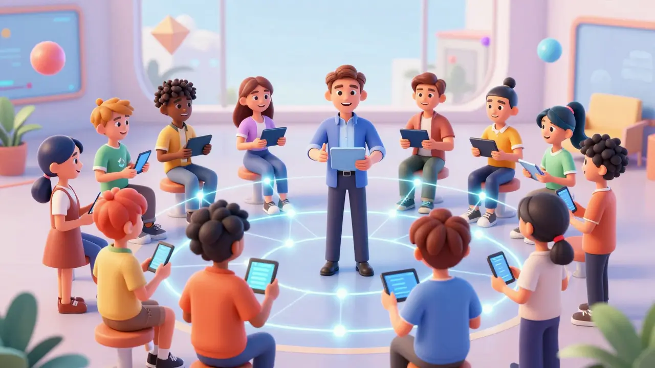 Группа студентов из разных стран в цифровом пространстве на связи с ментором