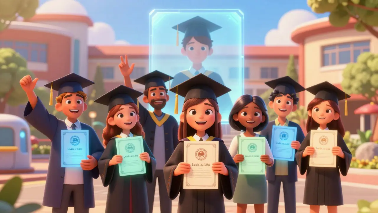 Группа успешных студентов и голограмма похожего человека в стиле DreamWorks