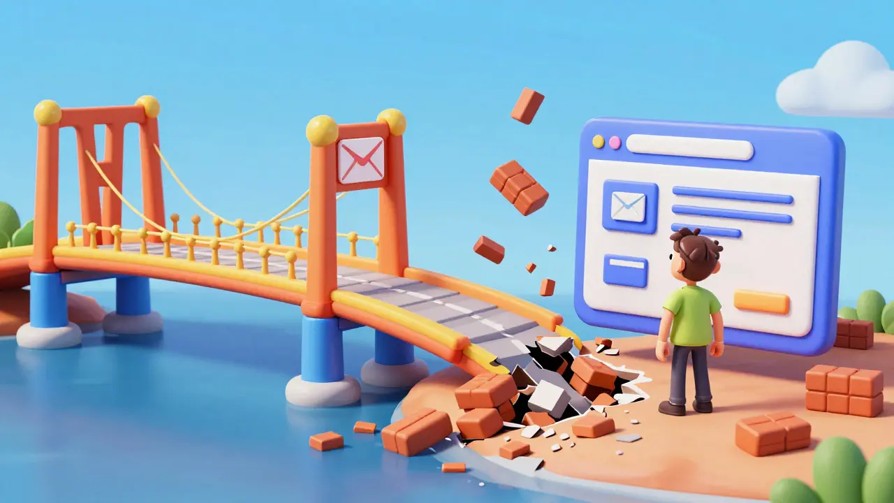 Крепкий мост от письма к разрушающемуся сайту, символизирующий низкую конверсию