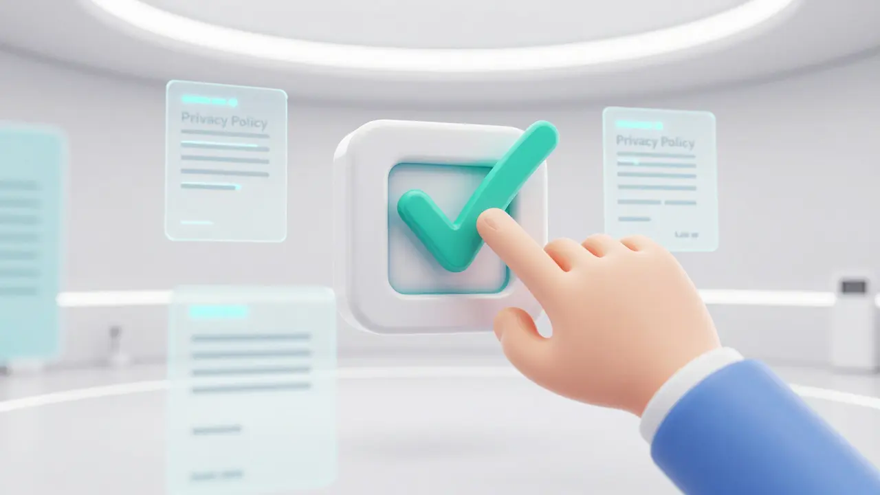 Крупный план цифрового чекбокса согласия в футуристическом стиле