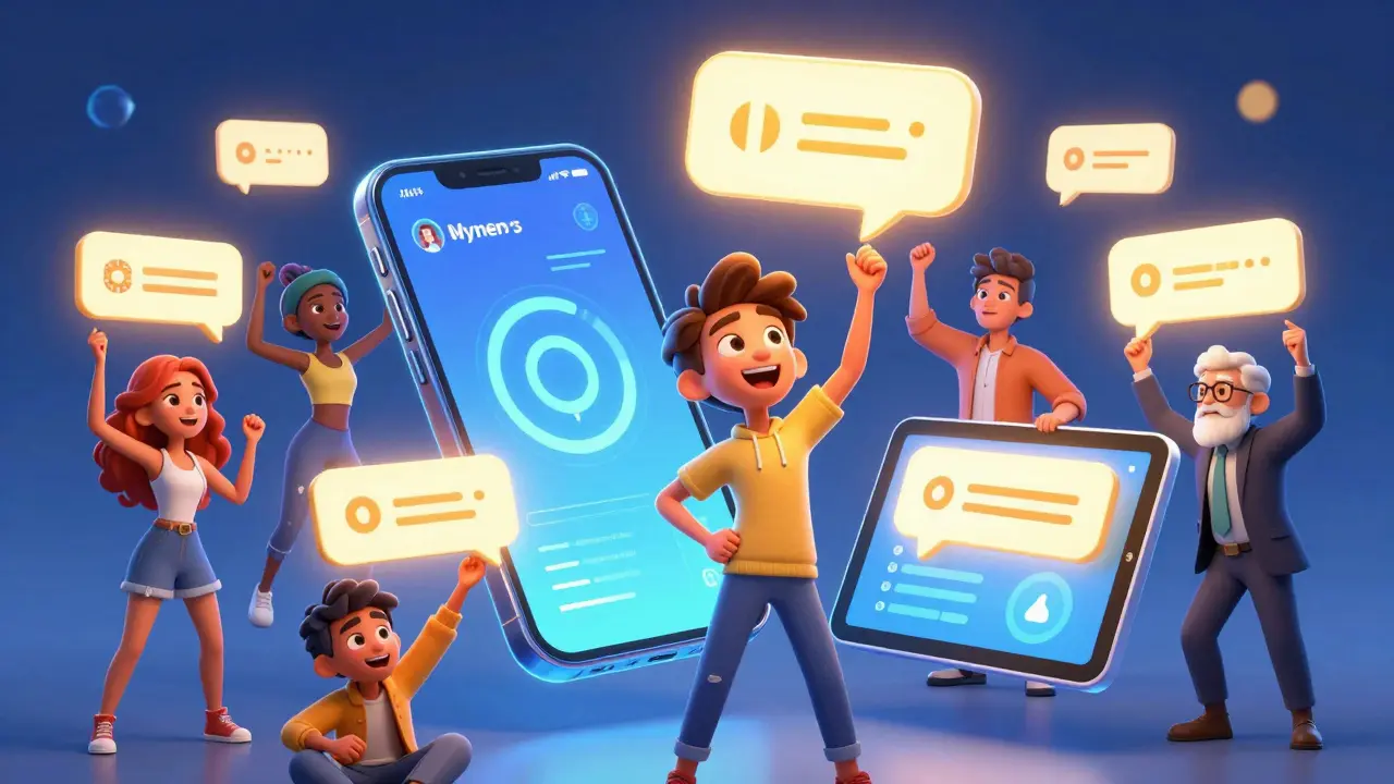 Люди радостно получают персонализированные сообщения на гаджетах в стиле 3D.