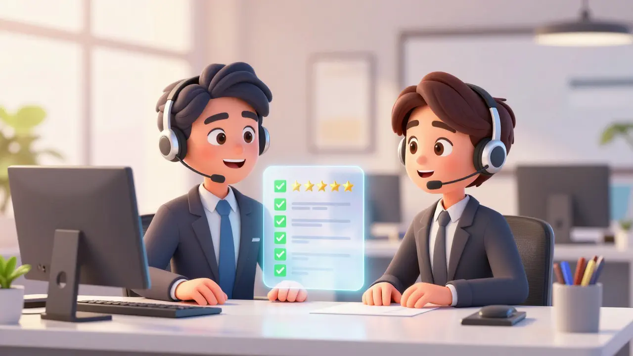 Менеджер и сотрудник обсуждают чек-лист качества звонков в дружелюбной атмосфере