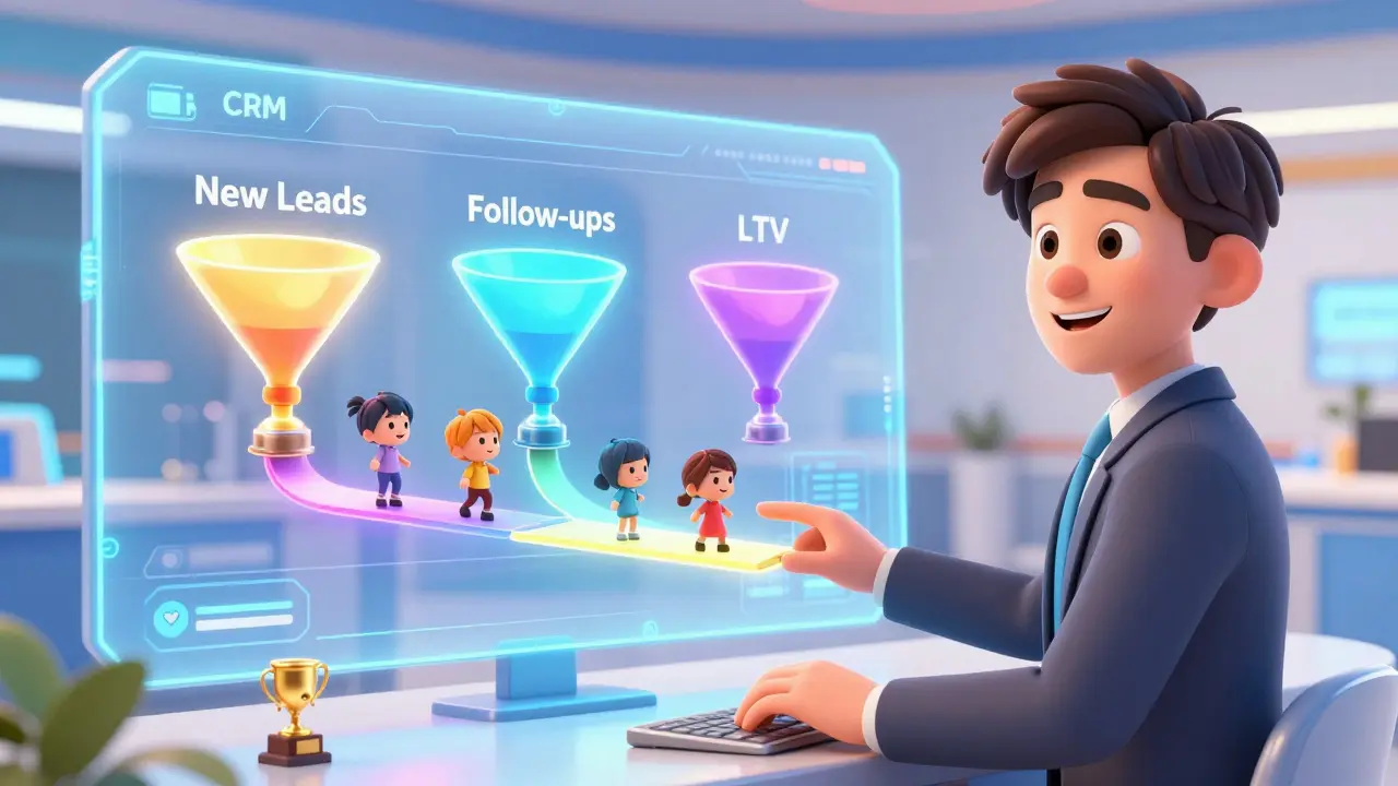 Менеджер управляет тремя светящимися воронками продаж в современной CRM