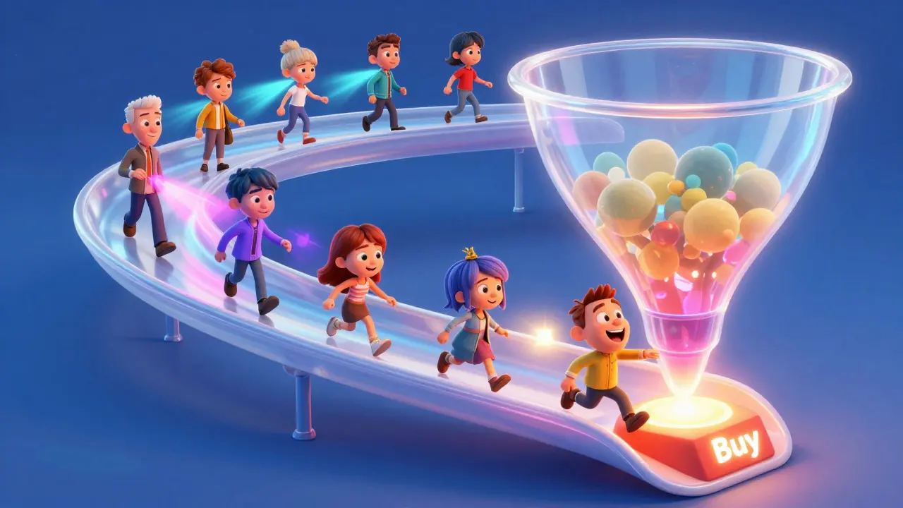 Метафорическая воронка продаж в виде яркого горки с людьми в стиле 3D анимации