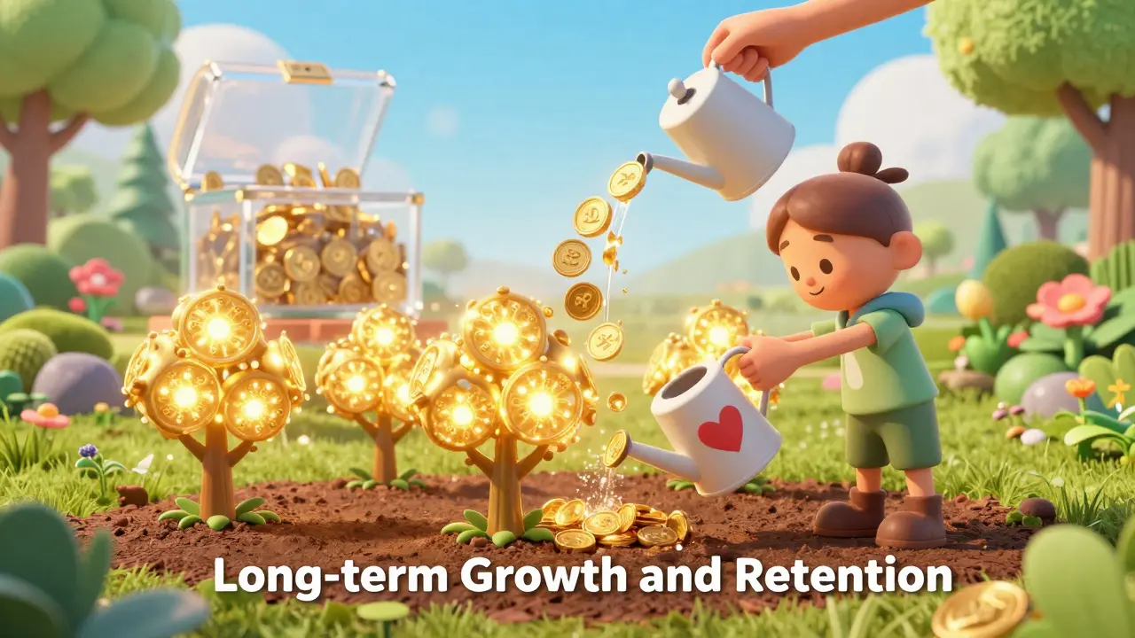 Персонаж поливает золотые деревья лояльности в цифровом саду