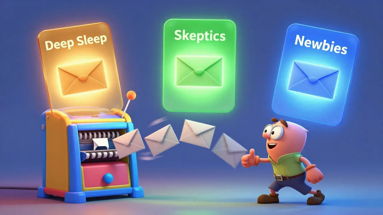 Персонаж сортирует спящие письма по разным цветным порталам сегментации.