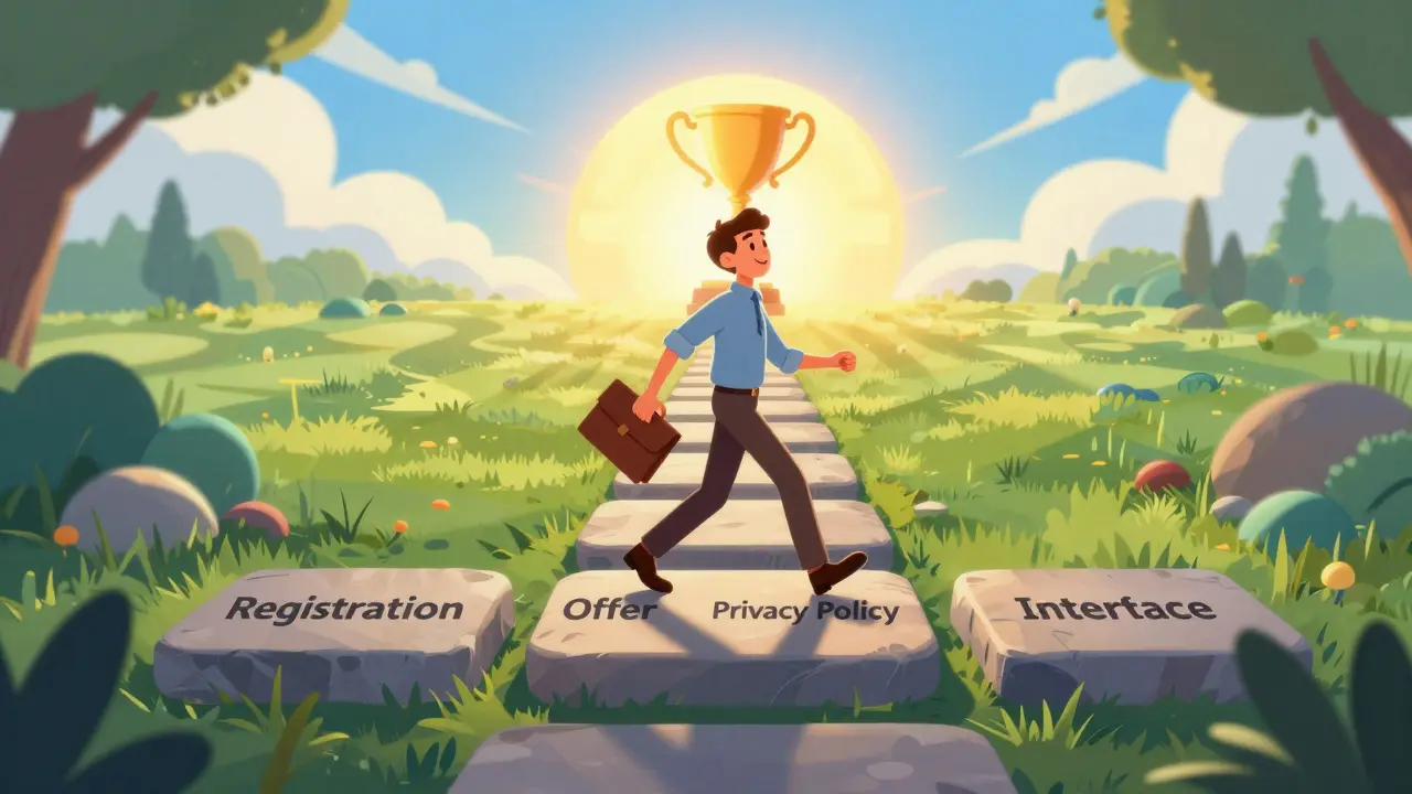 Предприниматель идет по ступеням легализации бизнеса к успеху