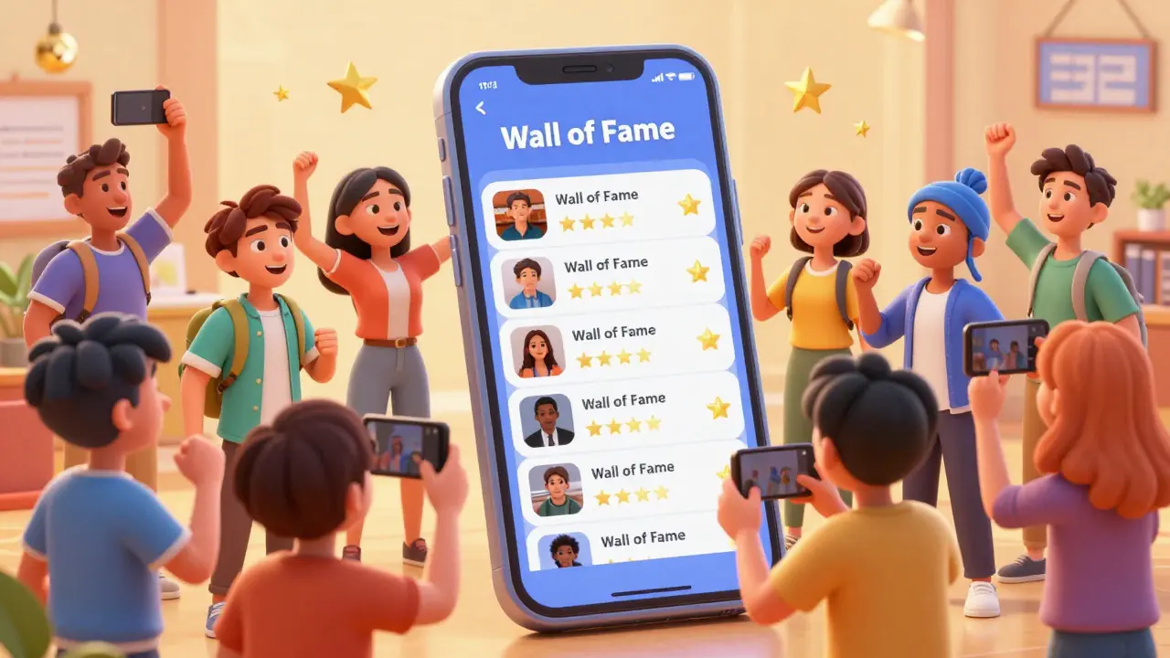 Счастливое сообщество учеников, делящихся своими успехами в соцсетях