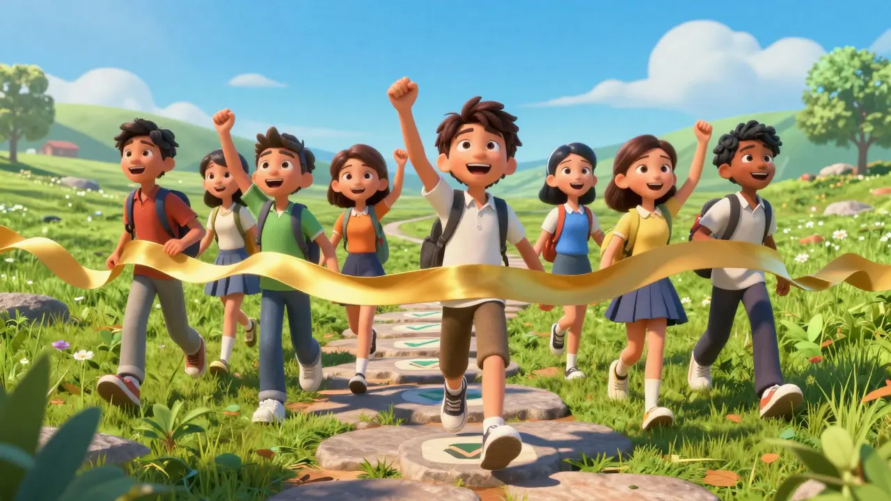 Счастливые студенты пересекают финишную черту, идя по пути из четких целей