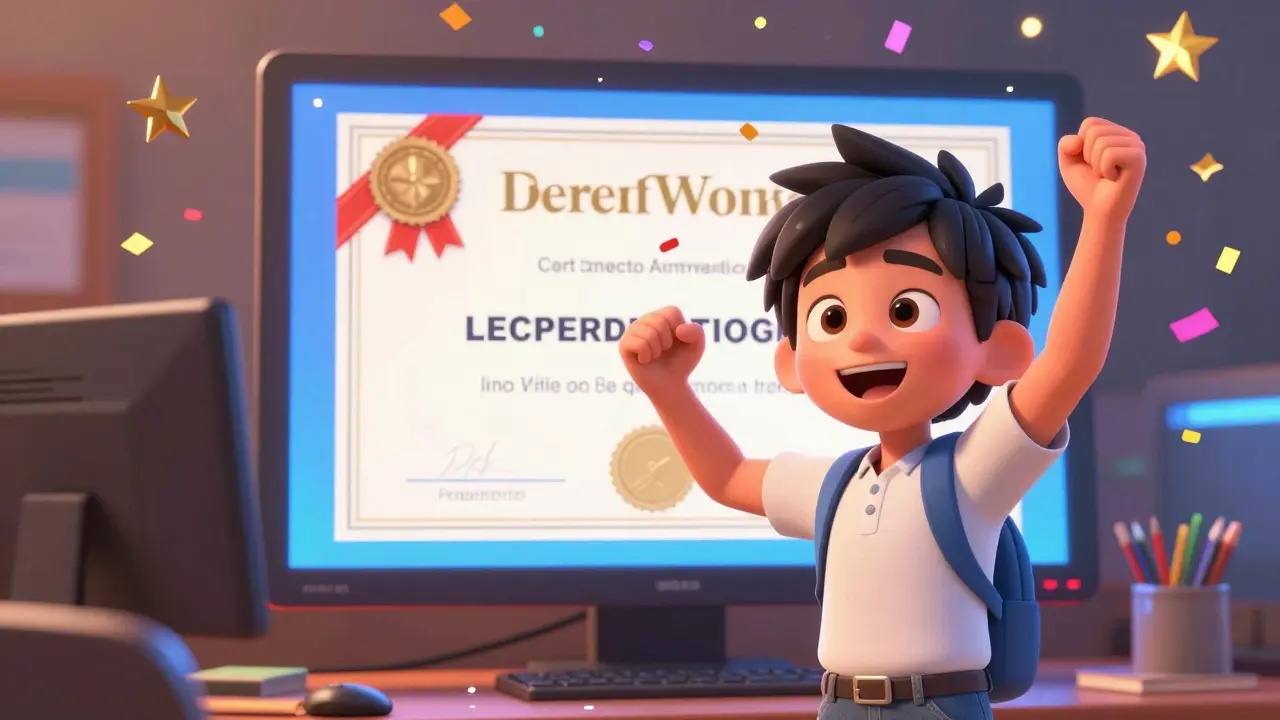 Счастливый студент получает цифровой сертификат об окончании курса