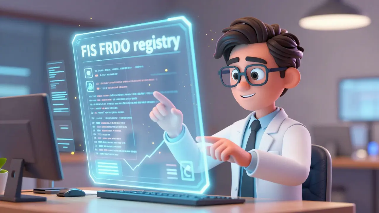 Специалист вносит данные о дипломе в светящийся цифровой государственный реестр